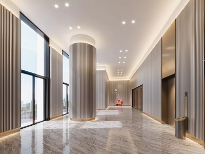 Modern Reception Area Design With Marble Floor Columns Large Windows And Elevators 3d model