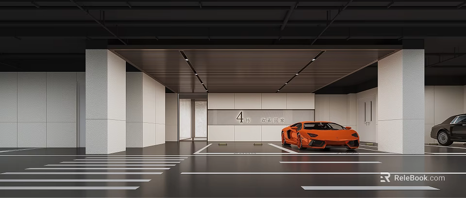 Modern 4D Parking Garage Featuring Orange Sports Car Parking Lines And Ceiling Lighting 3d model 