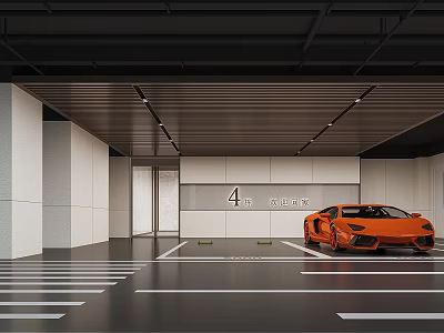 Modern 4D Parking Garage Featuring Orange Sports Car Parking Lines And Ceiling Lighting 3d model