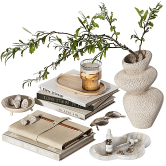 Modern Quiet Ornaments Green Plant Vase Decoration Books Coffee Cup Stone Notepad Ornaments 3d model