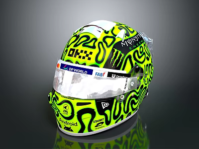 Racing Car Helmet With Yellow Black Patterns And Brand Logos Transparent Visor Design 3d model
