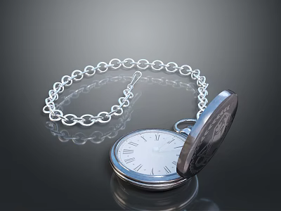 Classic Silver Open Pocket Watch With Roman Numeral Dial Metal Link Chain And Reflection 3d model