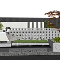 Modern Feature Wall Design With White Lattice Red Maple Palm Plants Sculpture And Stone Steps