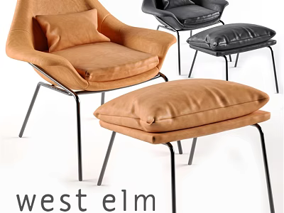 Modern Leather Lounge Chair With Cushion Metal Legs And Ottoman By West Elm 3d model