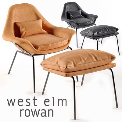 Modern Leather Lounge Chair With Cushion Metal Legs And Ottoman By West Elm 3d model
