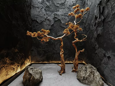 Zen Garden Landscape With Dark Rock Walls Styled Pine Trees Light Sand And Warm Lighting 3d model