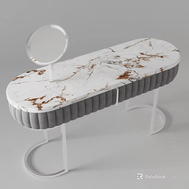 Modern Dressing Table with White Brown Vein Marble Top Gray Upholstered Design and Round Mirror 3d model 