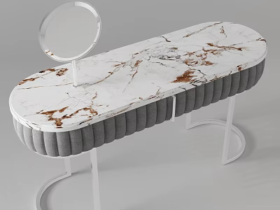 Modern Dressing Table with White Brown Vein Marble Top Gray Upholstered Design and Round Mirror 3d model