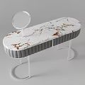 Modern Dressing Table with White Brown Vein Marble Top Gray Upholstered Design and Round Mirror