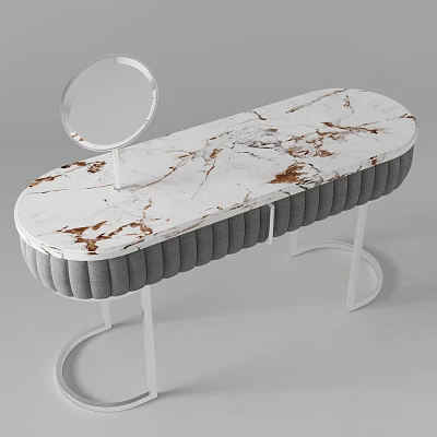 Modern Dressing Table with White Brown Vein Marble Top Gray Upholstered Design and Round Mirror 3d model