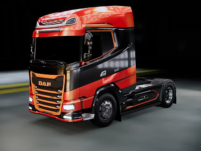 DAF Red And Black Modern Streamlined Truck Exterior Moving On Road 3d model