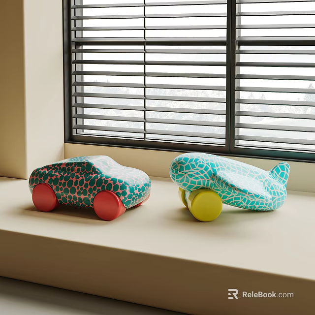 Colorful Toy Cars With Spotted Red Wheels And Cracked Yellow Wheels On Window Sill Near Blinds 3d model 