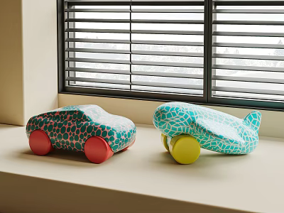 Colorful Toy Cars With Spotted Red Wheels And Cracked Yellow Wheels On Window Sill Near Blinds 3d model