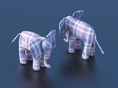 Two Purple Plaid Elephant Dolls on Dark Blue Background with Classic Pattern Design 3d model