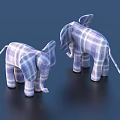 Two Purple Plaid Elephant Dolls on Dark Blue Background with Classic Pattern Design