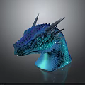 Fantasy Character Blue Dragon Head Sculpture With Glowing Scales And Sharp Spikes