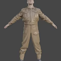 Man in Brown Jumpsuit Standing with Arms Outstretched on Gray Background