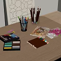 Wooden Desk Displaying Colored Pencils Crayons Artwork And Drawing Tools 3d model