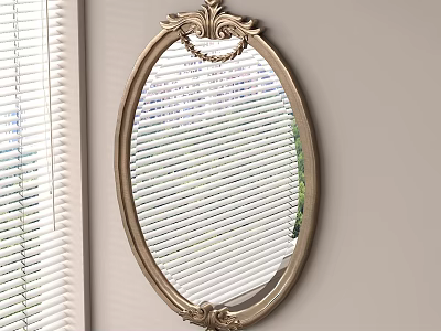 Elegant Oval Mirror With Golden Decorative Frame Reflecting Window Blinds And Green Outdoor View 3d model