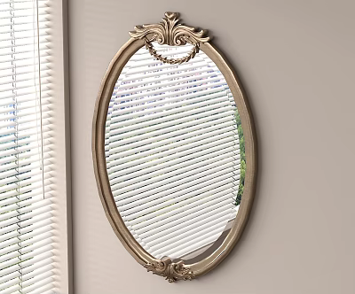 Elegant Oval Mirror With Golden Decorative Frame Reflecting Window Blinds And Green Outdoor View 3d model