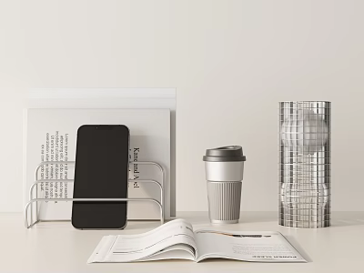 Minimalist Decorative Ornament Set Including Metal Phone Holder Open Book Thermal Cup Transparent Grid Ornament 3d model