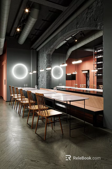 Modern Restaurant Interior Design With Dark Gray Red Walls Circular Hanging Lights Tables Wooden Chairs 3d model 