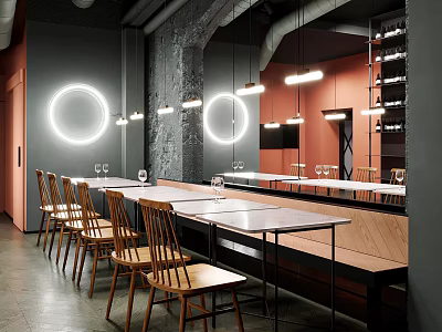 Modern Restaurant Interior Design With Dark Gray Red Walls Circular Hanging Lights Tables Wooden Chairs 3d model