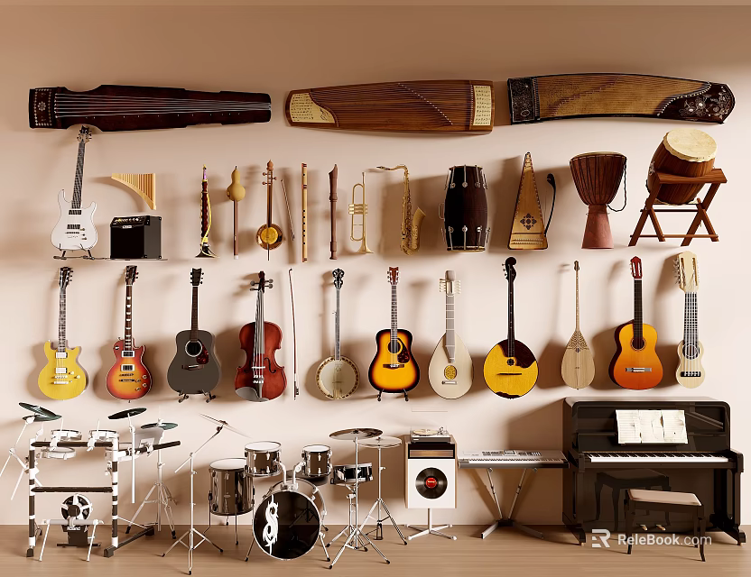 Musical Instruments Collection With Guitars Violins Drum Set Piano And Wall Display Indoor 3d model 