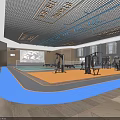 Modern Fitness Gym Interior With Badminton Courts Treadmills Wooden Flooring And Blue Lighting
