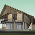 Modern Wooden Building With Black Roof Large Windows And Waterfront Reflection