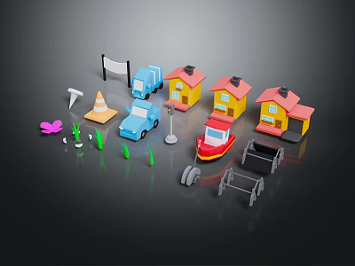 Cartoon Scene With Colorful Houses Blue Trucks Red Boat And Traffic Cones 3d model