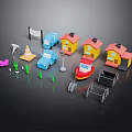 Cartoon Scene With Colorful Houses Blue Trucks Red Boat And Traffic Cones
