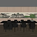 Elegant Restaurant Interior With Long Table Black Chairs And Landscape Painting Wall Decor