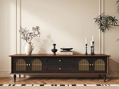 Classic TV Stand with Wooden Frame Glass Doors and Decorative Vase Books Candle Holders 3d model