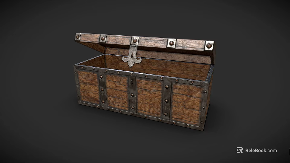 Vintage Wooden Chest With Metal Rivets And Hinges Open Top Design 3d model 