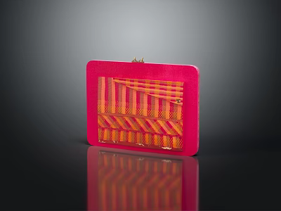 Red Square Clutch Bag With Orange Yellow Stripes And Gold Clasp On Black Surface 3d model