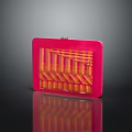 Red Square Clutch Bag With Orange Yellow Stripes And Gold Clasp On Black Surface