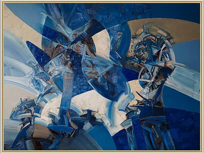 Vibrant Blue Layered Abstract Painting With Geometric Shapes White Accents And Gold Tones 3d model