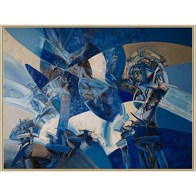 Vibrant Blue Layered Abstract Painting With Geometric Shapes White Accents And Gold Tones 3d model