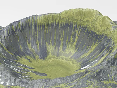 Volcanic Crater Scenic Landscape With Lush Green Vegetation And Gray Rocks 3d model