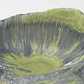 Volcanic Crater Scenic Landscape With Lush Green Vegetation And Gray Rocks