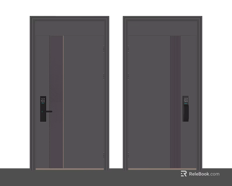 Dark Gray Security Doors With Vertical Stripes And Electronic Lock Handles 3d model 