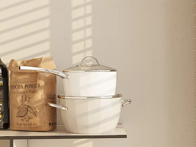 White Enamel Cooking Pots Stacked With Lids On Kitchen Shelf Near Cocoa Powder And Sunlight 3d model