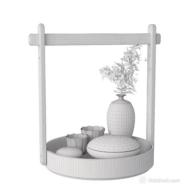 Modern Daily Living Items Display with Vase Flowers and Containers on Tray Rack 3d model 