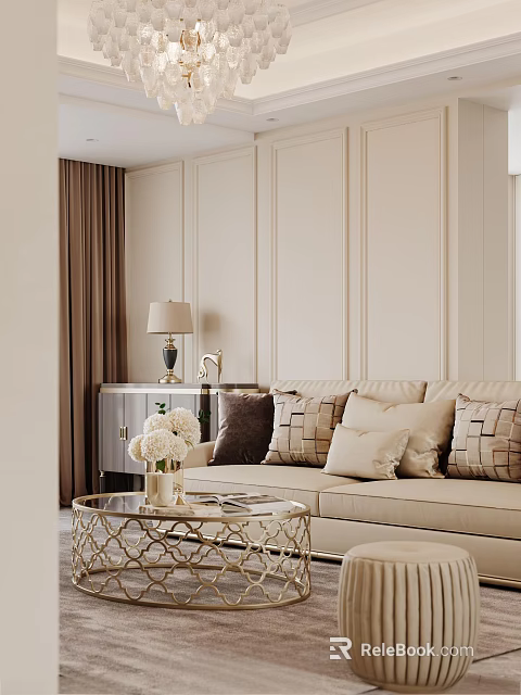 Elegant Modern Living Dining Room Interior With Sofa Coffee Table Pillows And Curtains 3d model 