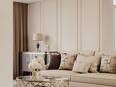 Elegant Modern Living Dining Room Interior With Sofa Coffee Table Pillows And Curtains 3d model