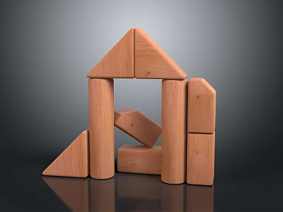 Light Wood Color Wooden Blocks with Triangle Rectangle Cylinder Shapes Stacked into House Like Structure 3d model