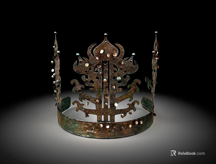 Ancient Decorative Hat with Intricate Metal Design and Ornate Beads as Historical Artifact 3d model 