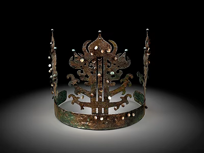 Ancient Decorative Hat with Intricate Metal Design and Ornate Beads as Historical Artifact 3d model