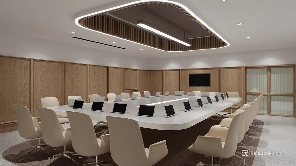 Modern Conference Room Interior Design With Long Table Chairs TV Screen And Wooden Walls 3d model 